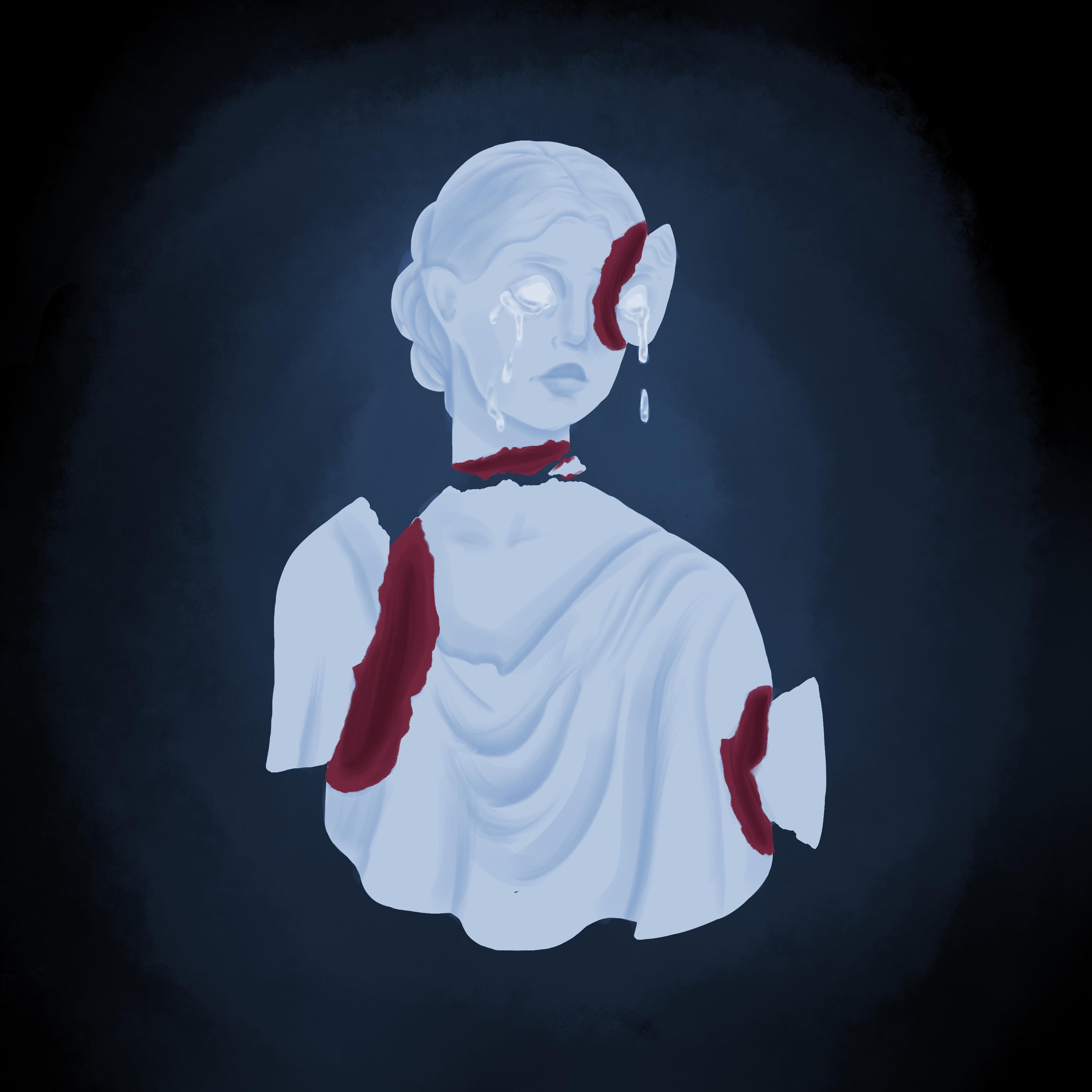 Illustration of a marble bust of a woman broken into pieces.